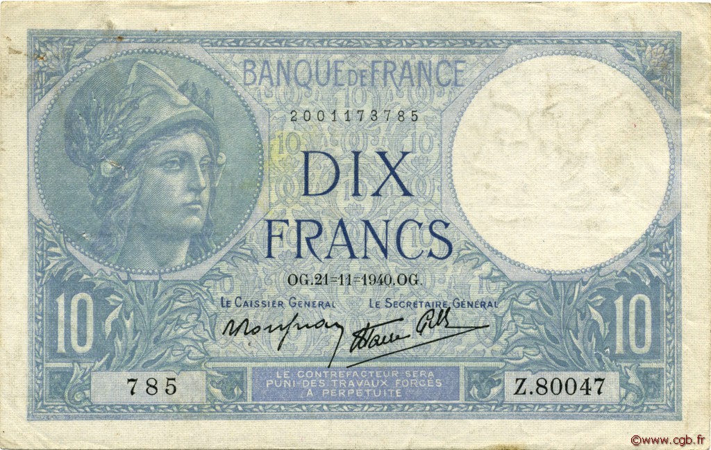 10 Francs MINERVE modifié FRANCIA  1940 F.07.21 BB