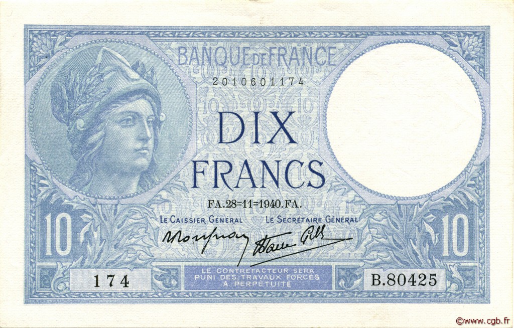 10 Francs MINERVE modifié FRANCE  1940 F.07.22 XF+