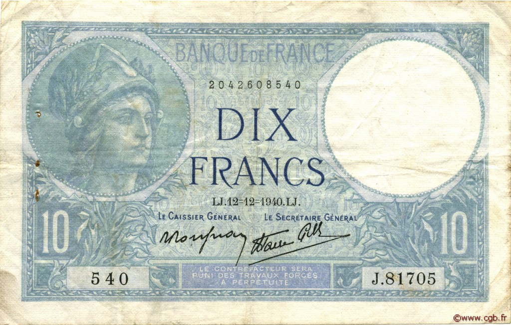 10 Francs MINERVE modifié FRANCIA  1940 F.07.24 q.BB