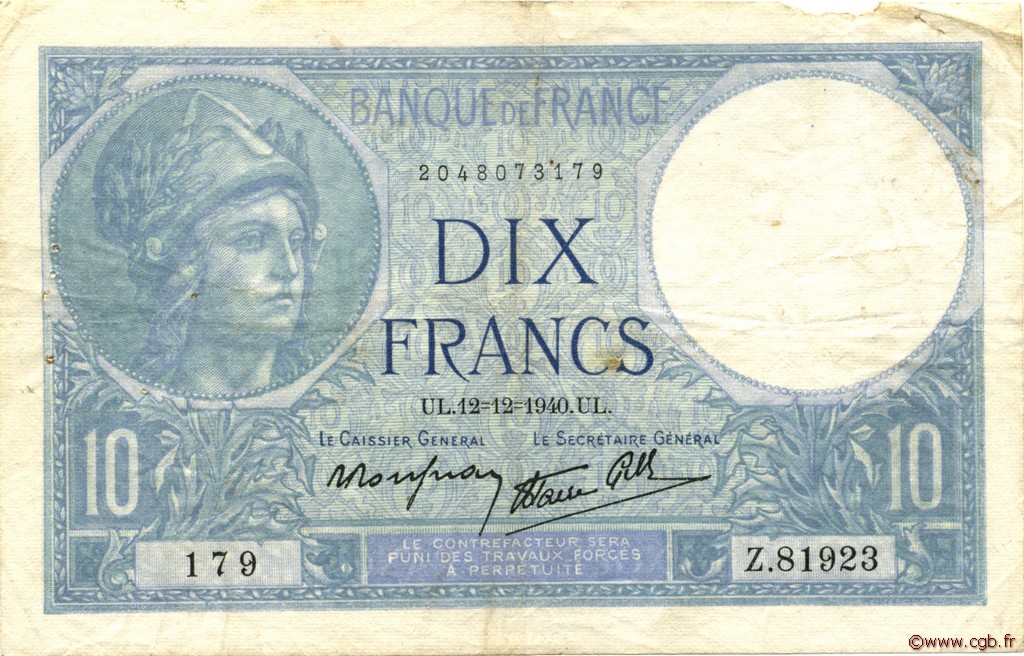 10 Francs MINERVE modifié FRANCIA  1940 F.07.24 BC
