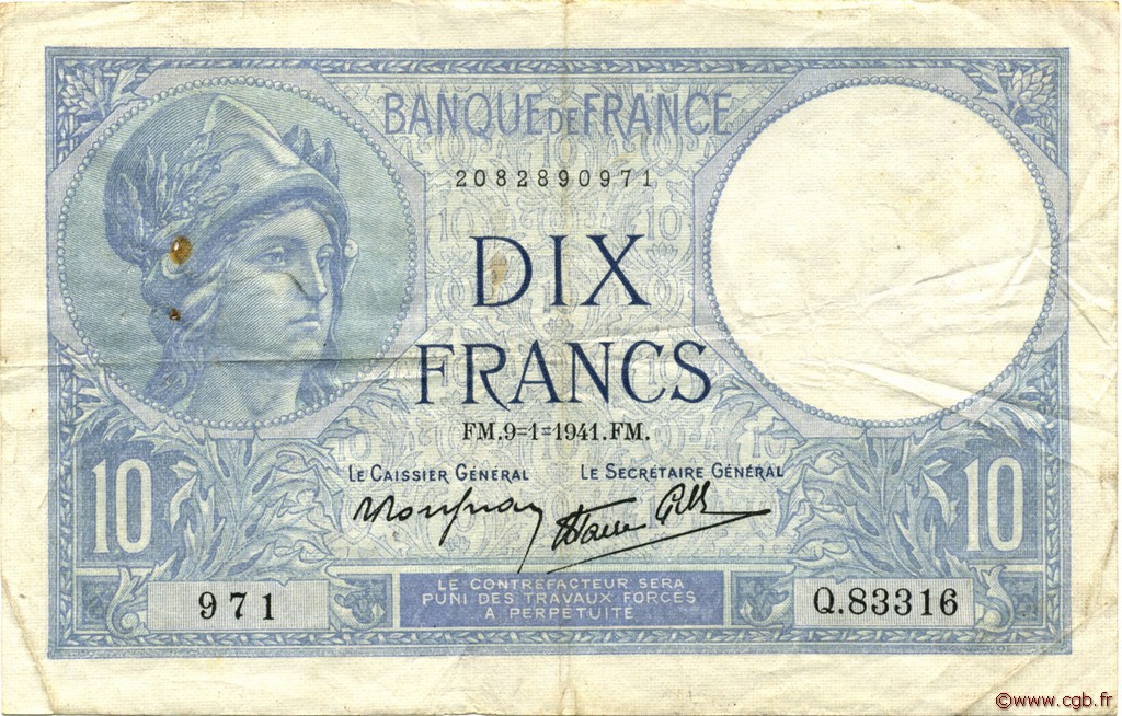 10 Francs MINERVE modifié FRANCIA  1941 F.07.27 BC