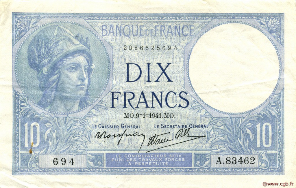 10 Francs MINERVE modifié FRANKREICH  1941 F.07.27 fVZ