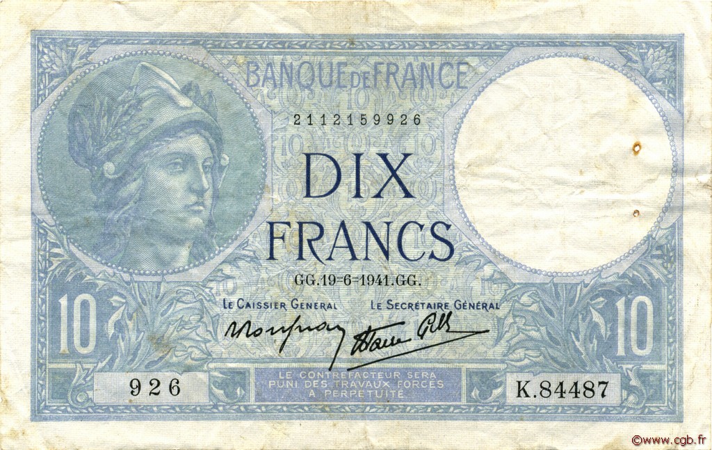 10 Francs MINERVE modifié FRANCE  1941 F.07.29 TB+