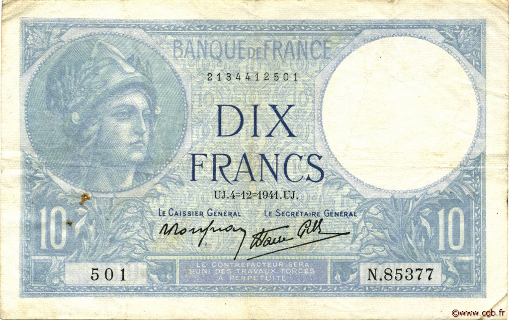 10 Francs MINERVE modifié FRANCIA  1941 F.07.30 q.BB