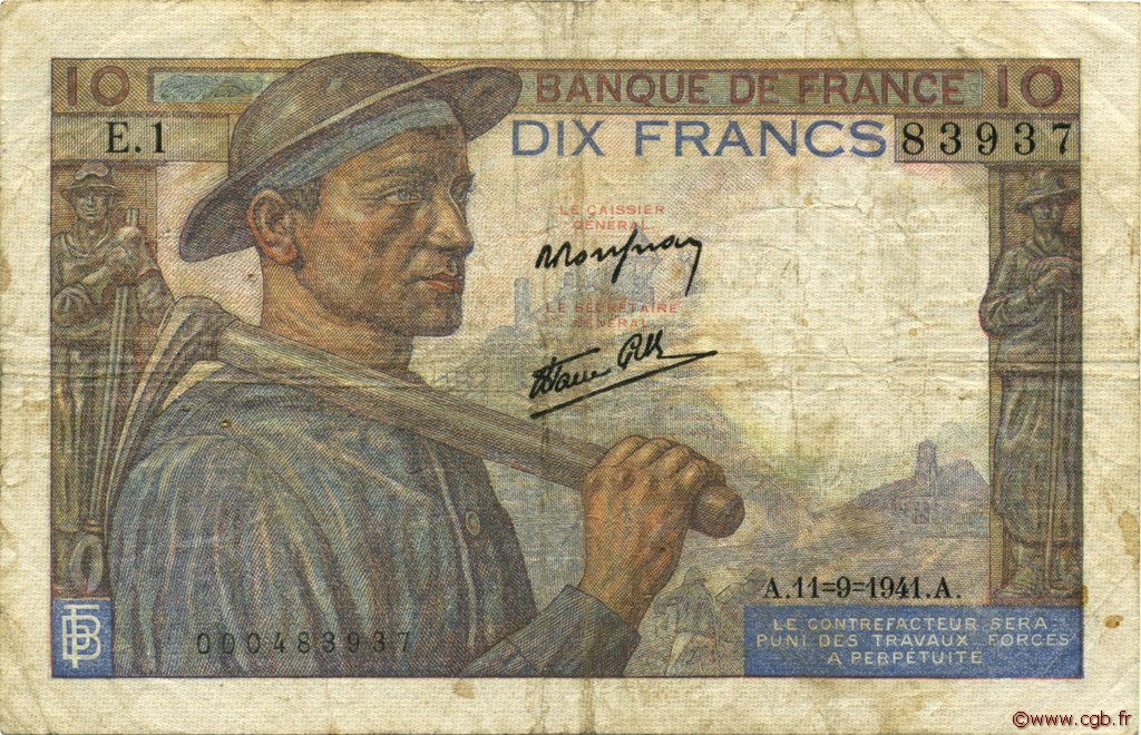 10 Francs MINEUR FRANCE  1941 F.08.01 F