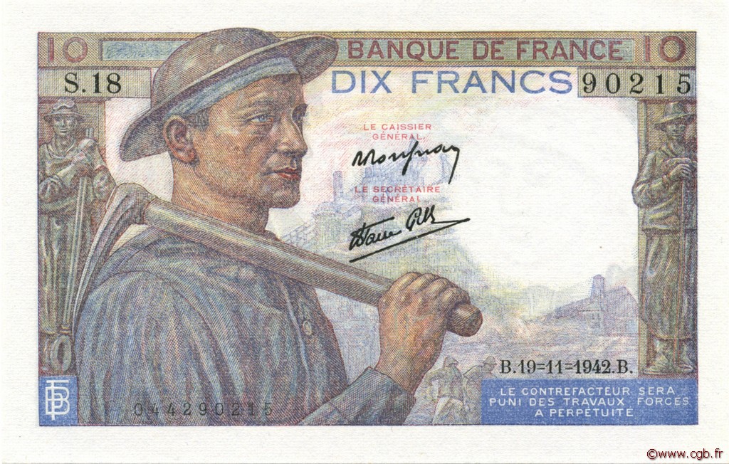 10 Francs MINEUR FRANCE  1942 F.08.05 UNC