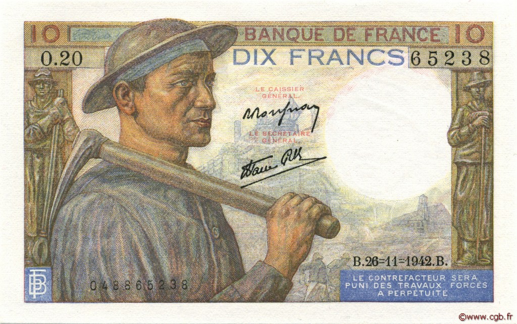 10 Francs MINEUR FRANCIA  1942 F.08.06 FDC