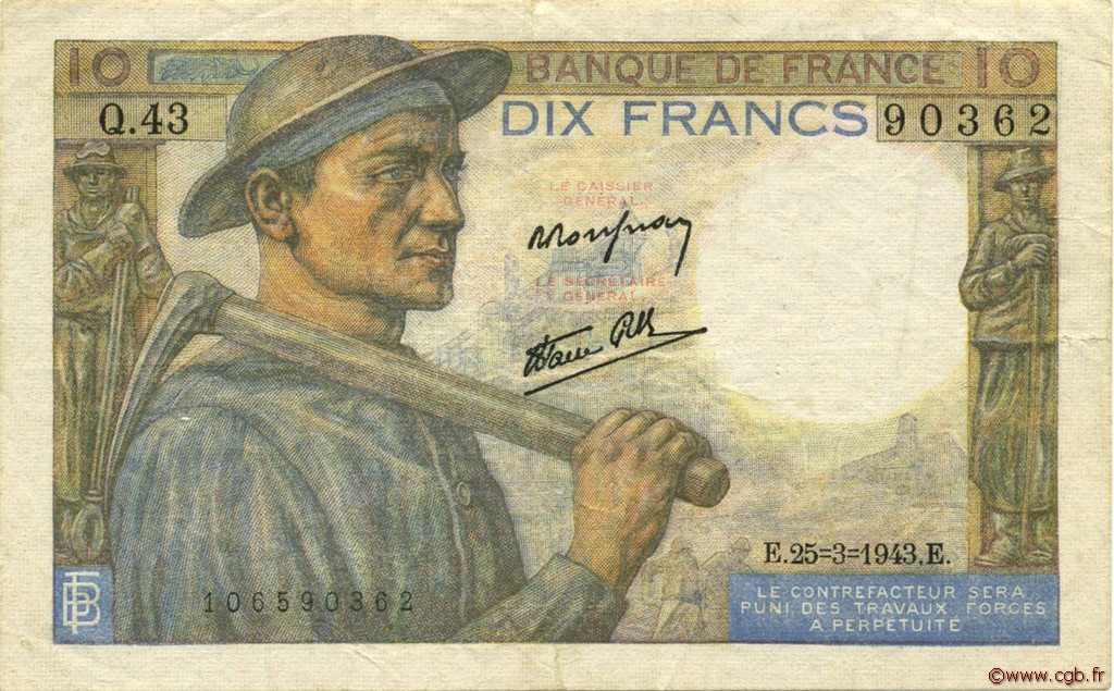 10 Francs MINEUR FRANCIA  1943 F.08.08 MBC