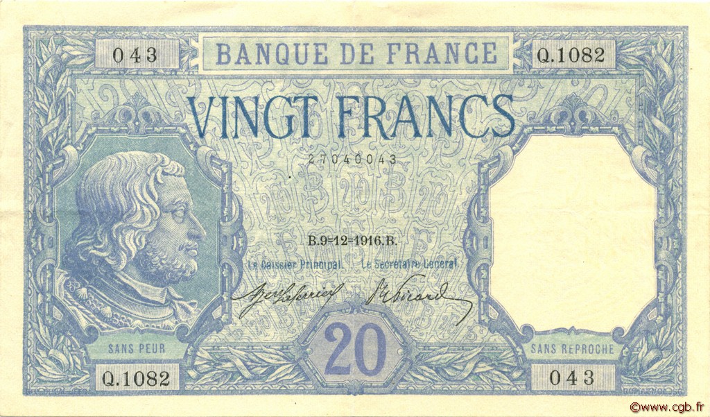 20 Francs BAYARD FRANKREICH  1916 F.11.01 VZ