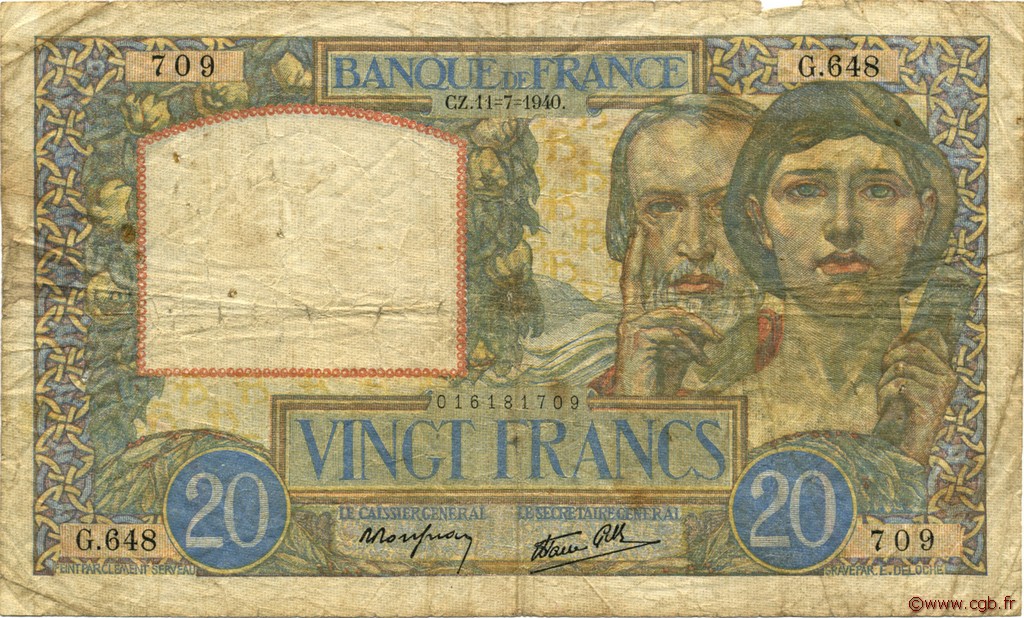 20 Francs TRAVAIL ET SCIENCE FRANCIA  1940 F.12.04 q.MB