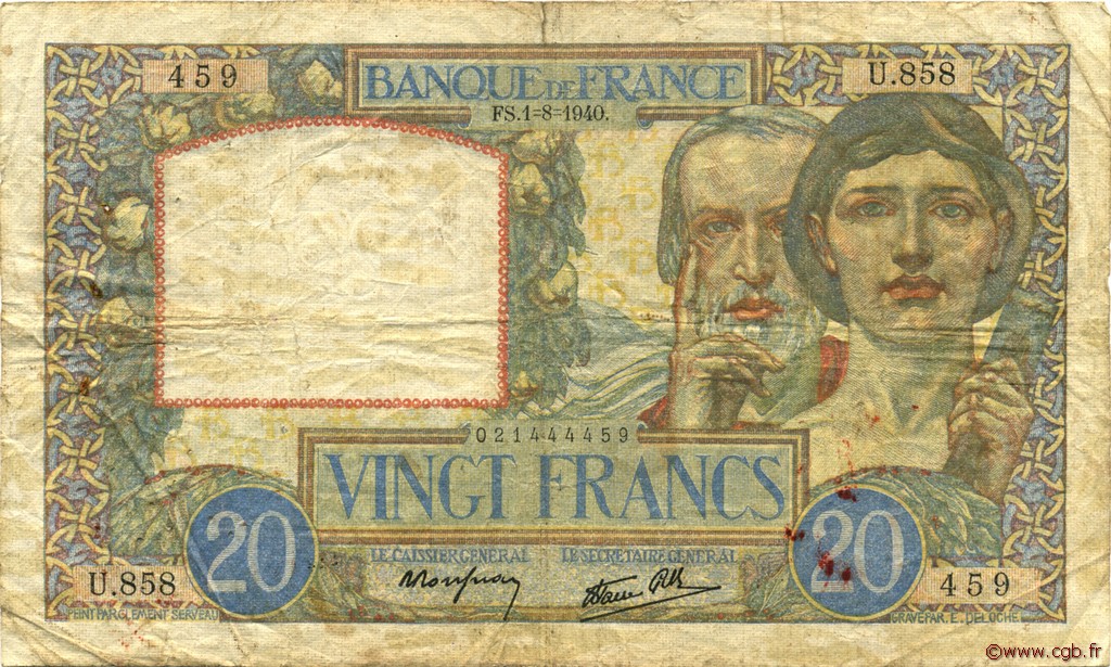 20 Francs TRAVAIL ET SCIENCE FRANCIA  1940 F.12.05 q.MB