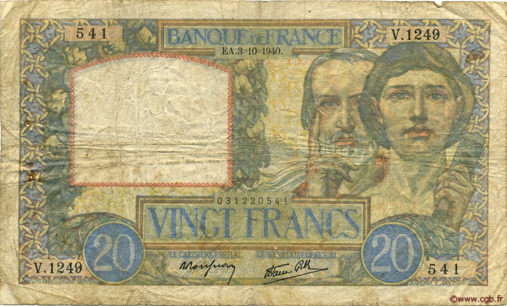 20 Francs TRAVAIL ET SCIENCE FRANCE  1940 F.12.08 G