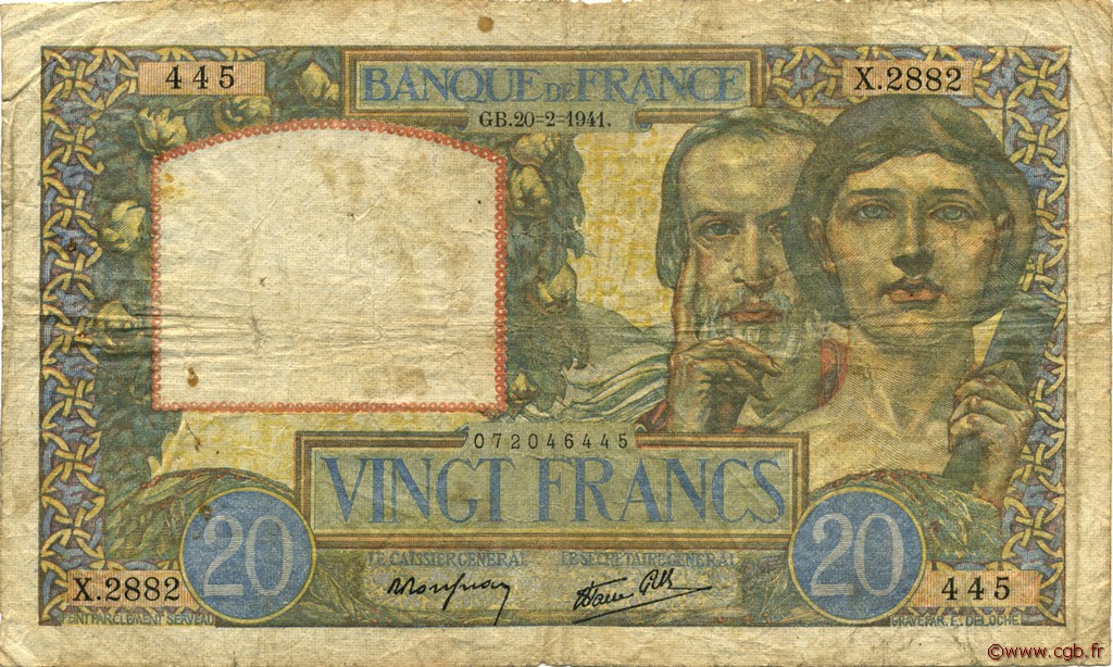 20 Francs TRAVAIL ET SCIENCE FRANCIA  1941 F.12.12 RC