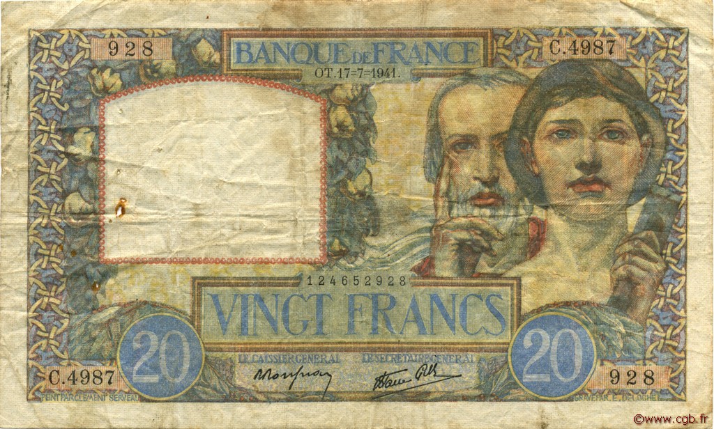20 Francs TRAVAIL ET SCIENCE FRANCIA  1941 F.12.16 BC