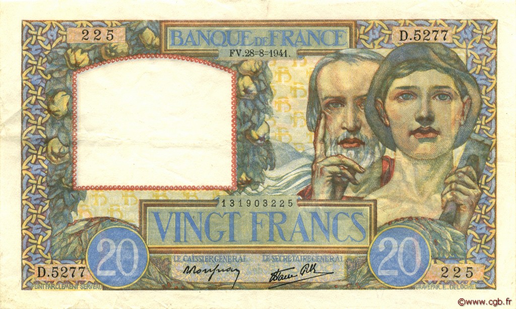 20 Francs TRAVAIL ET SCIENCE FRANKREICH  1941 F.12.17 SS to VZ
