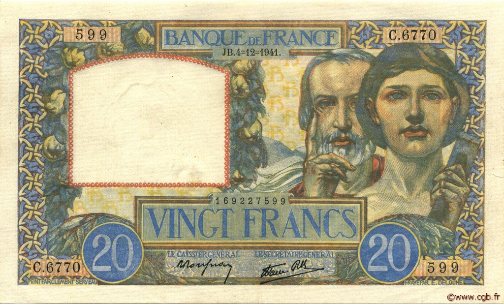 20 Francs TRAVAIL ET SCIENCE FRANKREICH  1941 F.12.20 fST