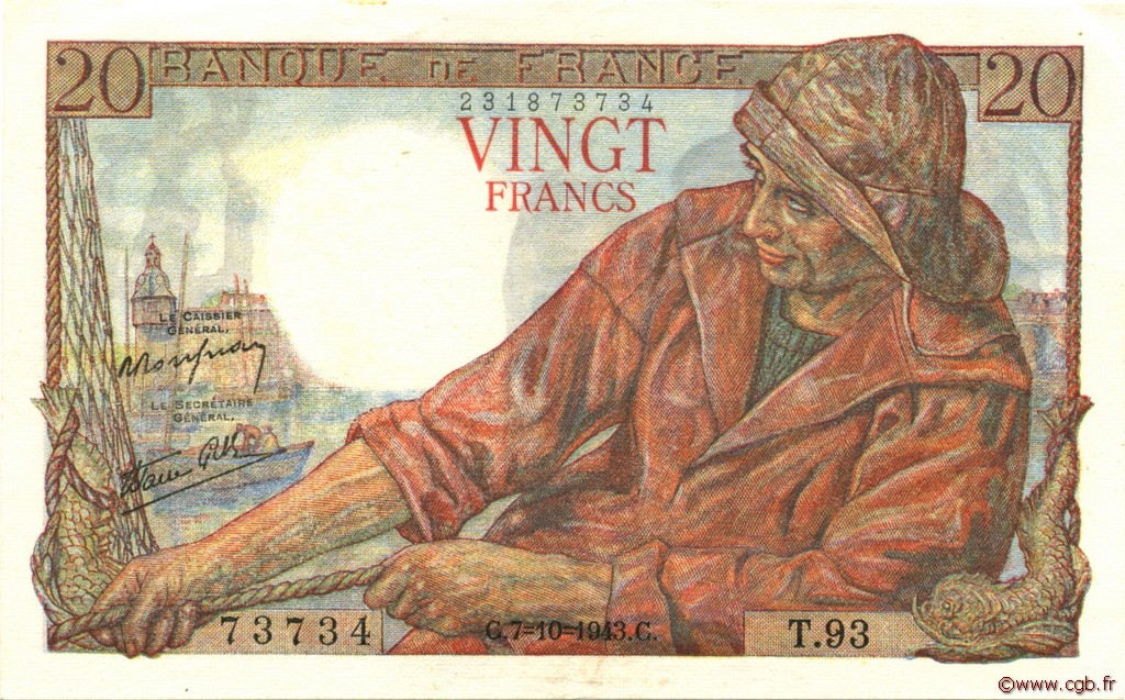 20 Francs PÊCHEUR FRANCE  1943 F.13.07 XF+