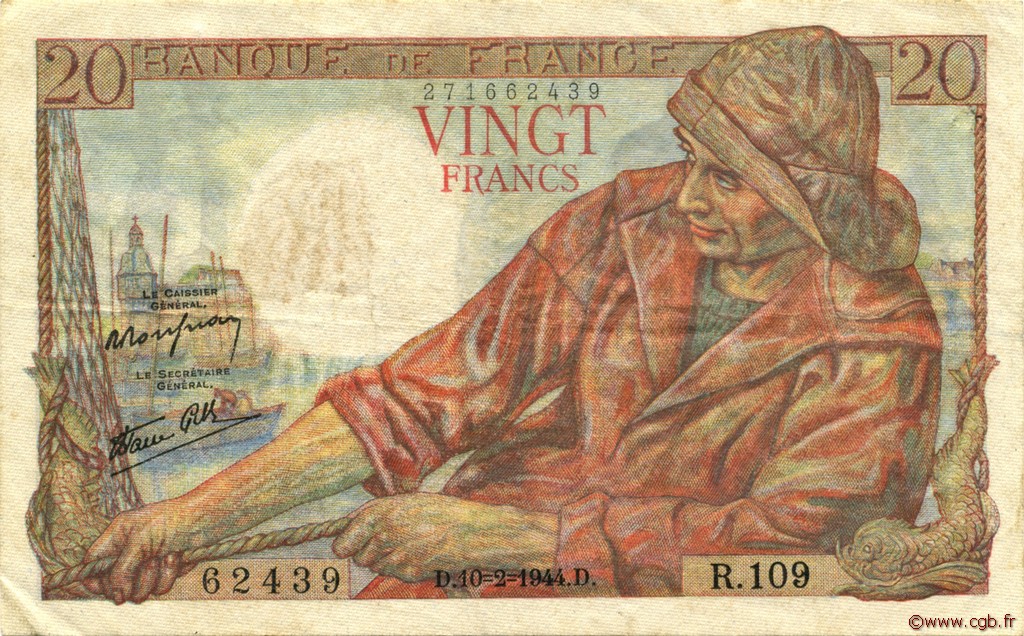 20 Francs PÊCHEUR FRANCE  1944 F.13.08 VF