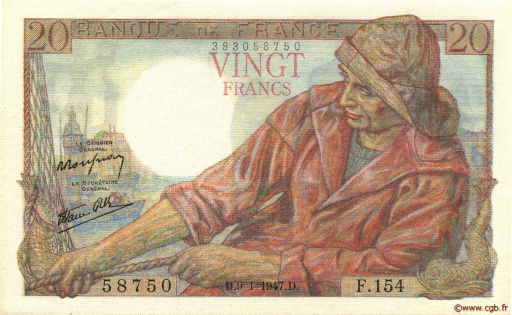 20 Francs PÊCHEUR FRANCIA  1947 F.13.11 AU+