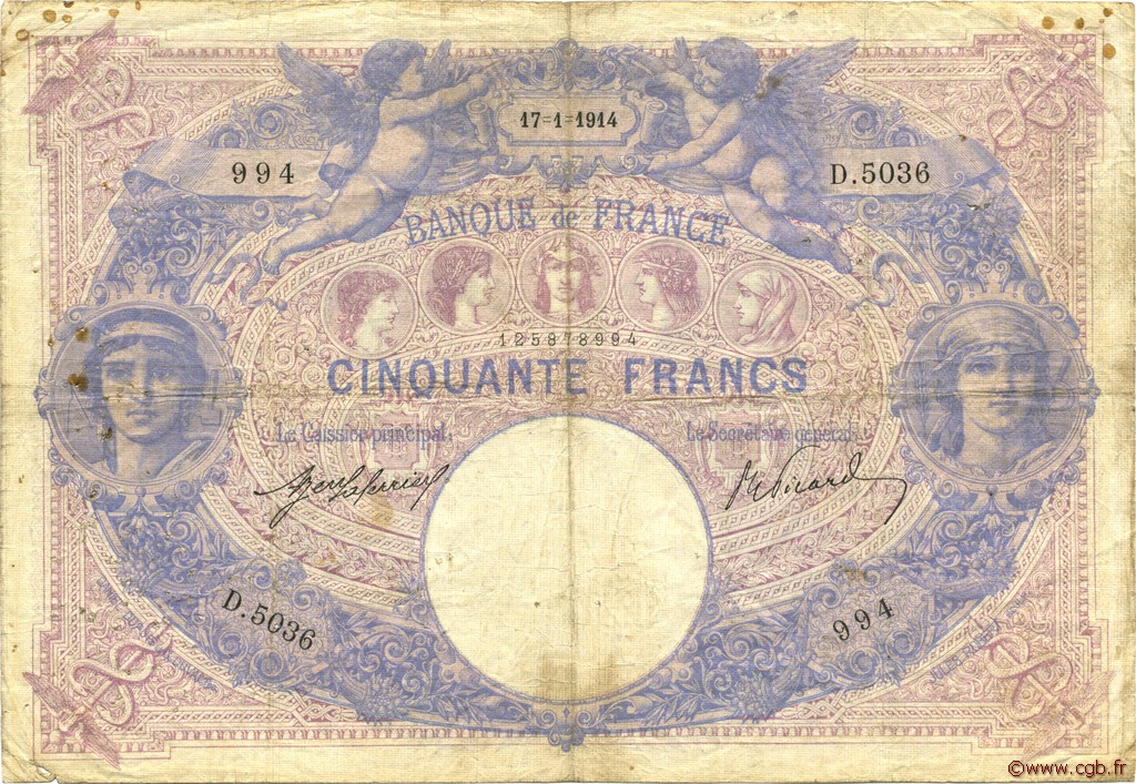 50 Francs BLEU ET ROSE FRANCIA  1914 F.14.27 q.MB