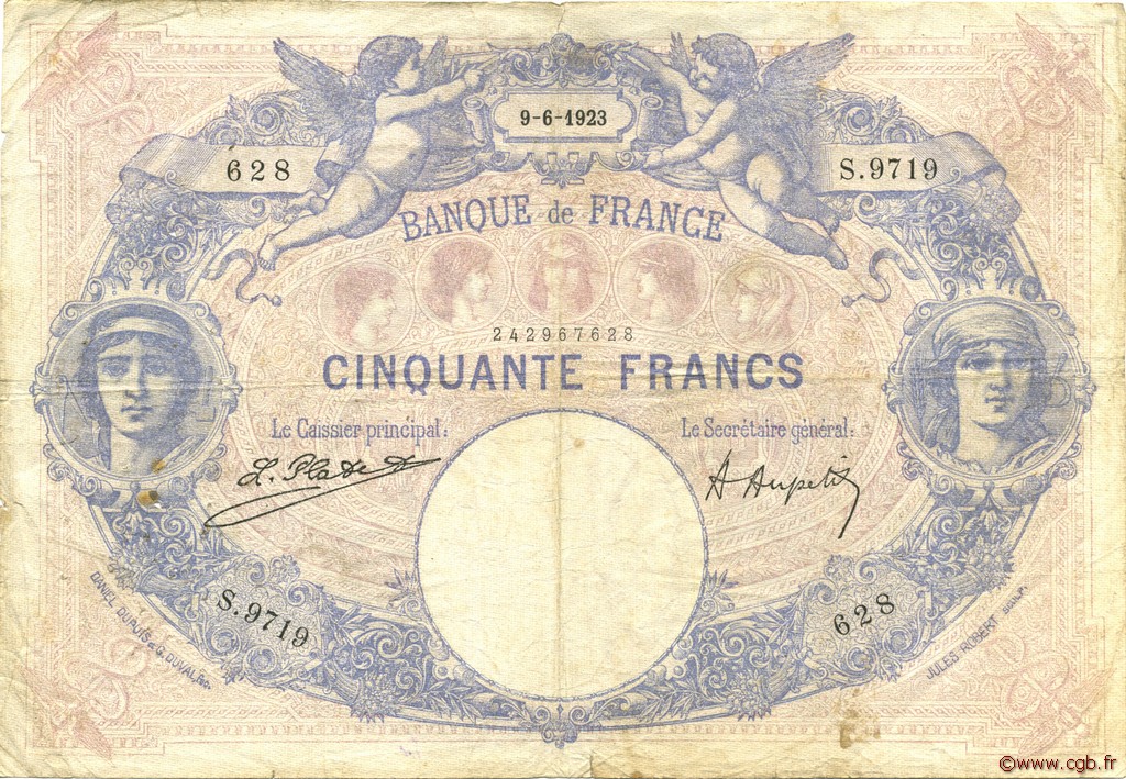50 Francs BLEU ET ROSE FRANCE  1923 F.14.36 VG