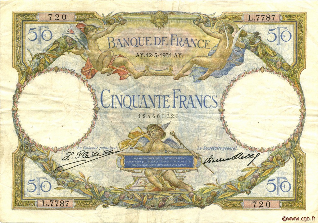 50 Francs LUC OLIVIER MERSON type modifié FRANCIA  1931 F.16.02 MBC