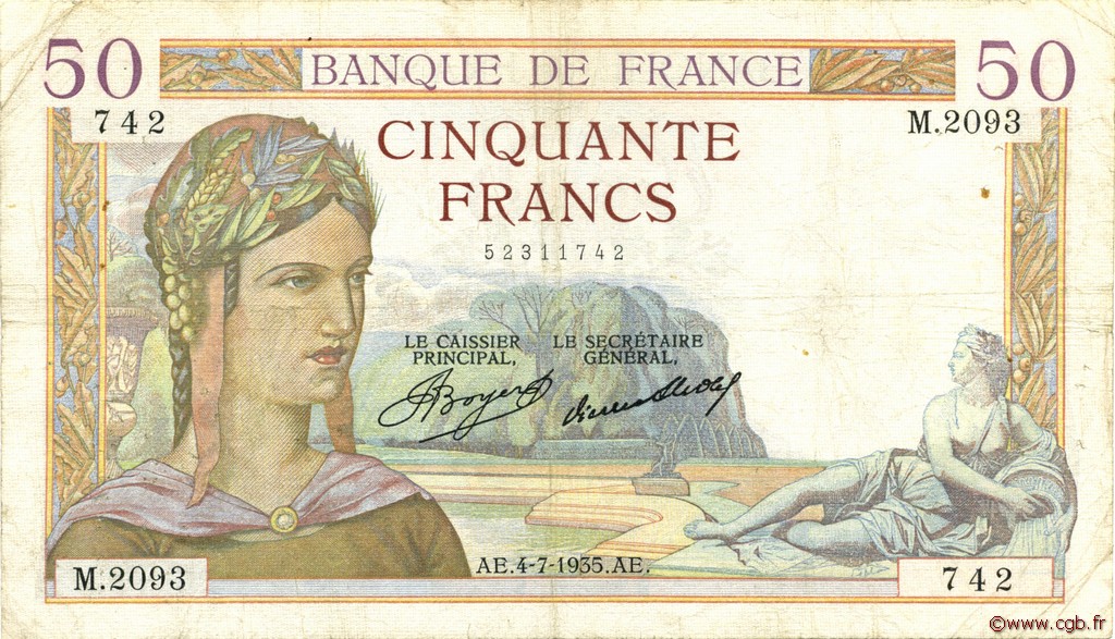 50 Francs CÉRÈS FRANCIA  1935 F.17.12 BC