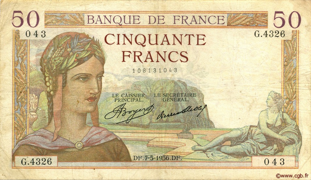 50 Francs CÉRÈS FRANKREICH  1936 F.17.25 S