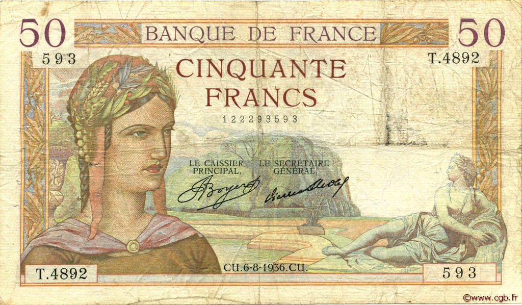 50 Francs CÉRÈS FRANCIA  1936 F.17.29 q.MB