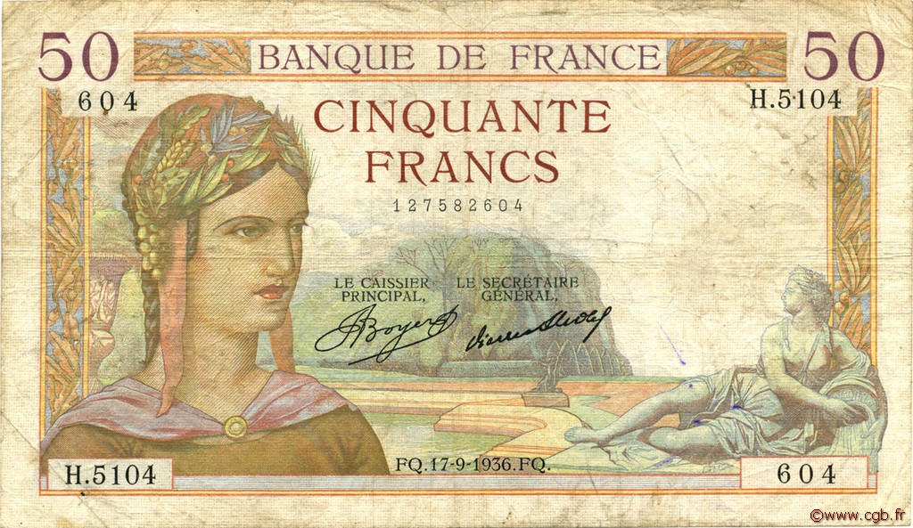 50 Francs CÉRÈS FRANCIA  1936 F.17.30 q.MB