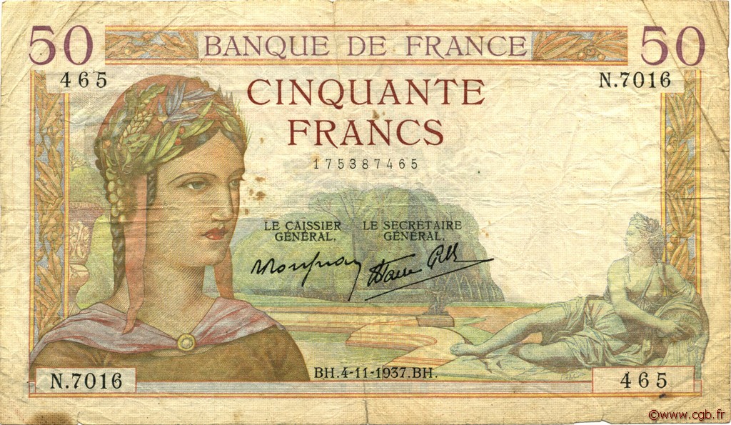 50 Francs CÉRÈS modifié FRANCE  1937 F.18.04 VG