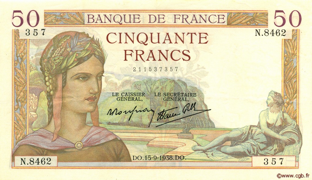 50 Francs CÉRÈS modifié FRANCIA  1938 F.18.14 MBC+