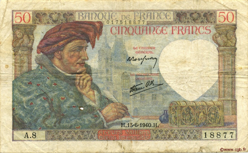 50 Francs JACQUES CŒUR FRANCIA  1940 F.19.01 BC