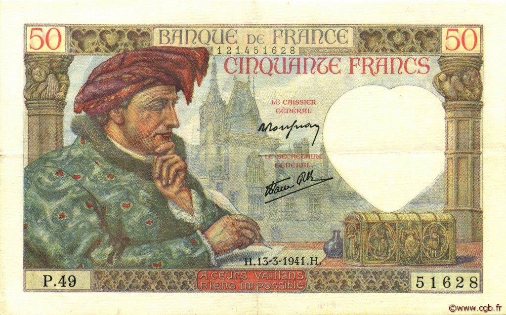 50 Francs JACQUES CŒUR FRANCE  1941 F.19.07 VF+