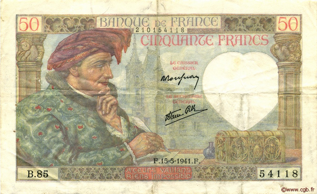 50 Francs JACQUES CŒUR FRANCE  1941 F.19.11 VF