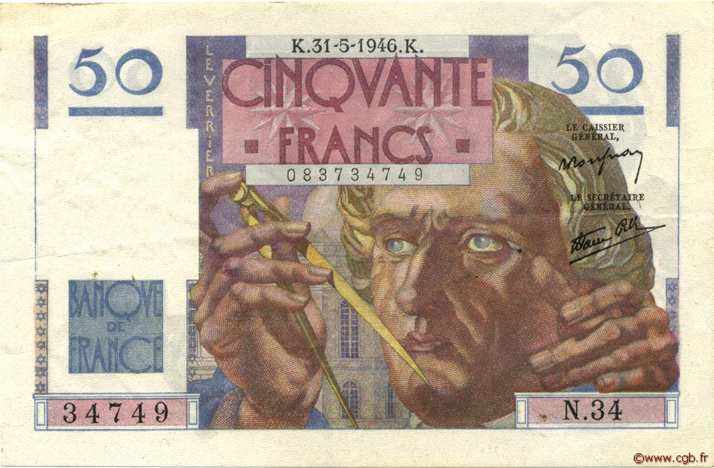 50 Francs LE VERRIER FRANCIA  1946 F.20.05 MBC+