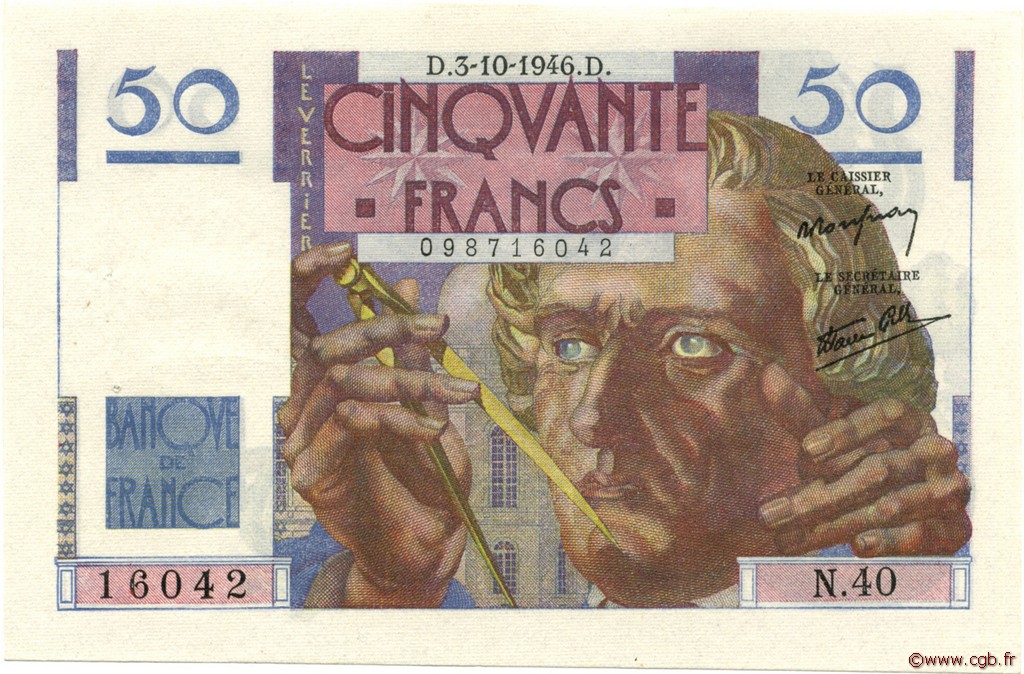 50 Francs LE VERRIER FRANCIA  1946 F.20.06 EBC+