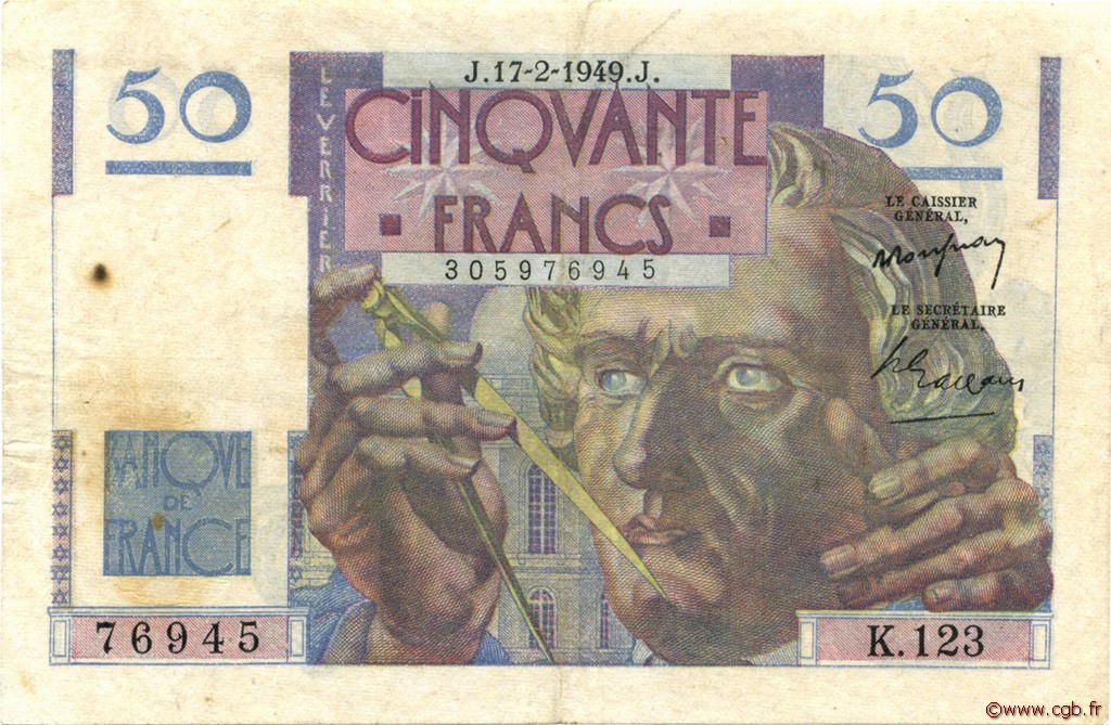 50 Francs LE VERRIER FRANKREICH  1949 F.20.11 fSS