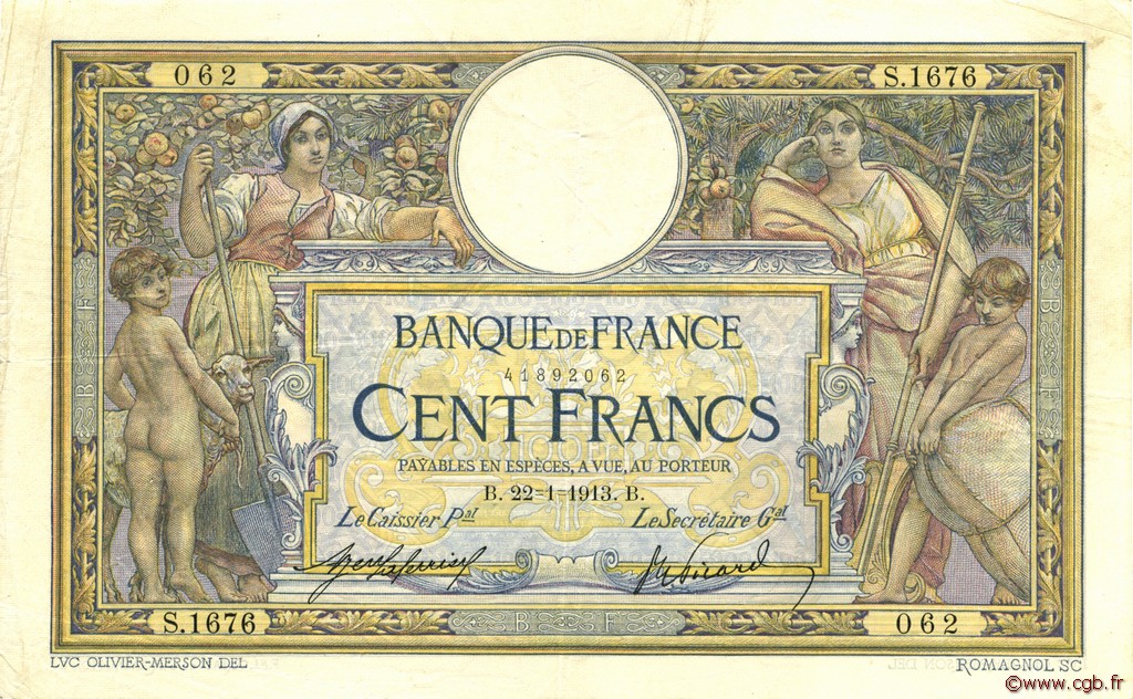 100 Francs LUC OLIVIER MERSON sans LOM FRANCE  1913 F.23.05 VF