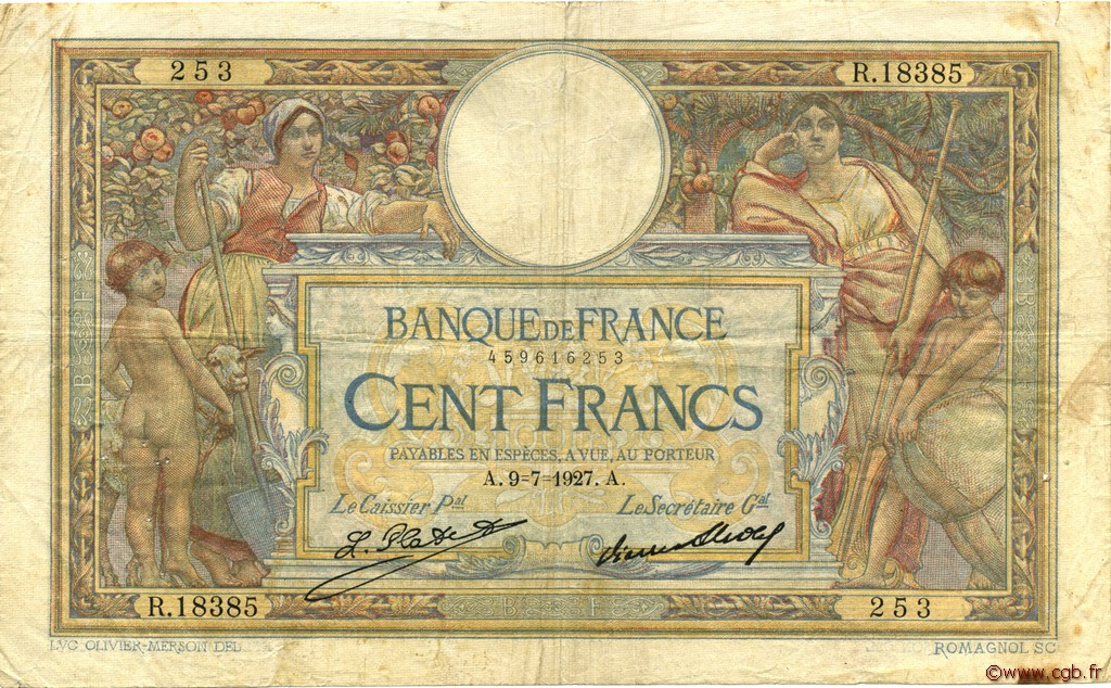 100 Francs LUC OLIVIER MERSON grands cartouches FRANCIA  1927 F.24.06 MB