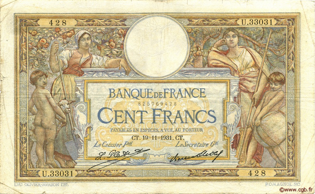 100 Francs LUC OLIVIER MERSON grands cartouches FRANCIA  1931 F.24.10 q.MB