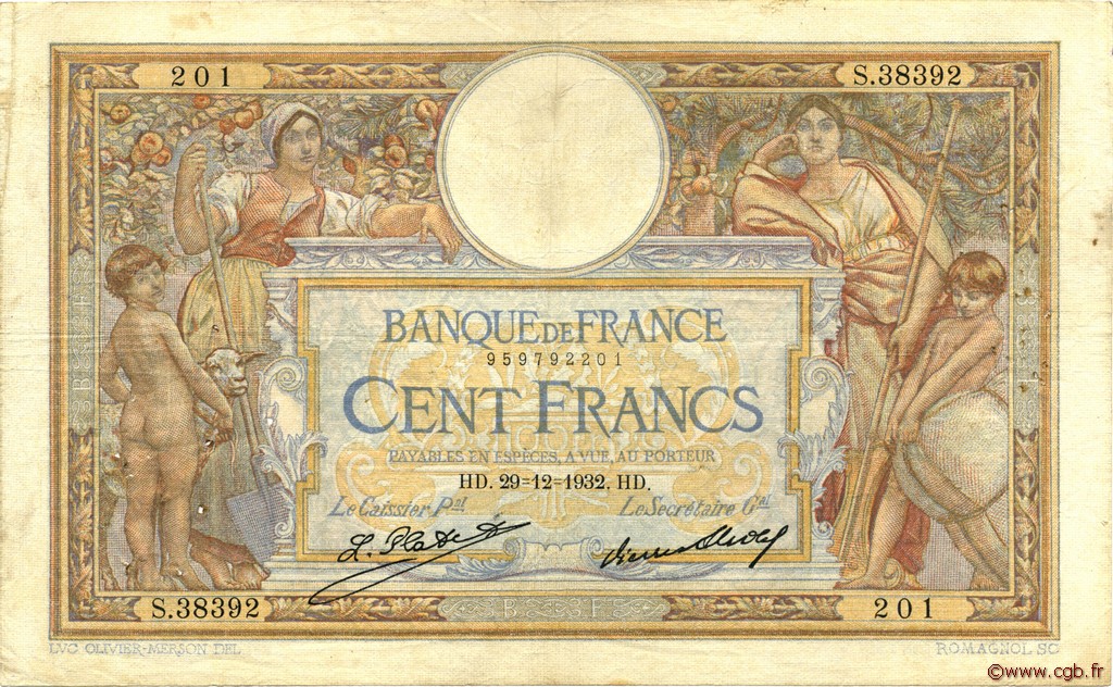 100 Francs LUC OLIVIER MERSON grands cartouches FRANCIA  1932 F.24.11 B a MB