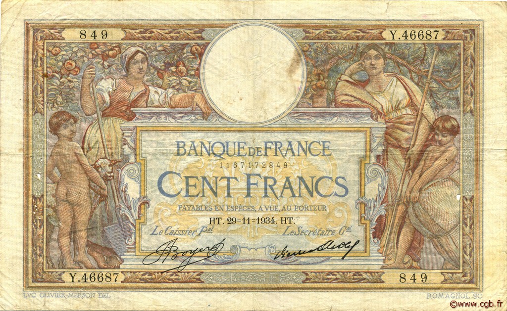 100 Francs LUC OLIVIER MERSON grands cartouches FRANCIA  1934 F.24.13 B a MB
