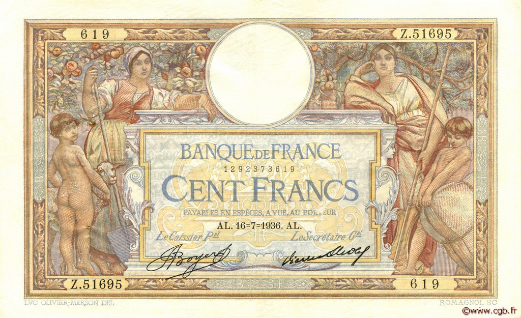 100 Francs LUC OLIVIER MERSON grands cartouches FRANCE  1936 F.24.15 VF+