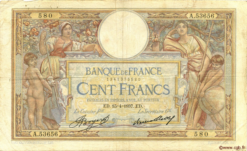 100 Francs LUC OLIVIER MERSON grands cartouches FRANCE  1937 F.24.16 F