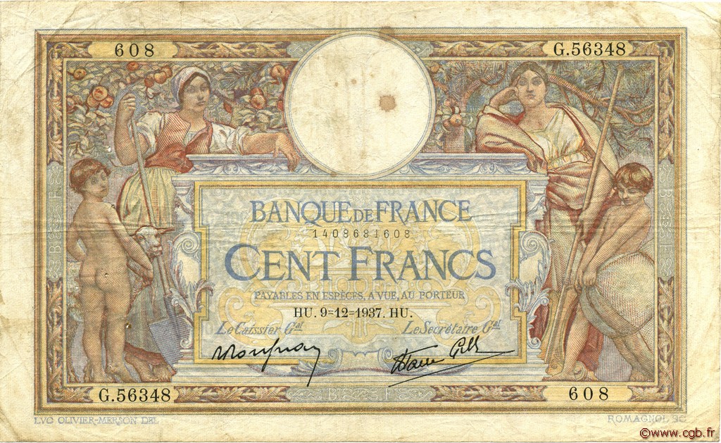 100 Francs LUC OLIVIER MERSON type modifié FRANCE  1937 F.25.05 VG