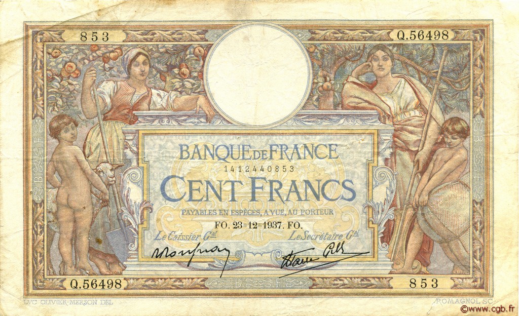 100 Francs LUC OLIVIER MERSON type modifié FRANCIA  1937 F.25.06 RC+