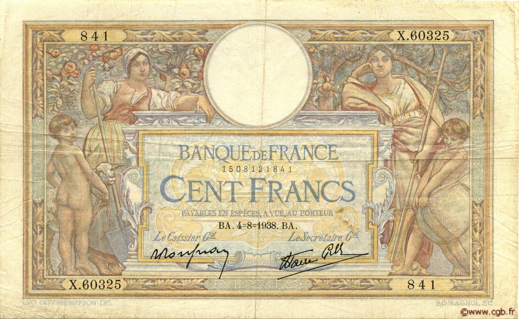 100 Francs LUC OLIVIER MERSON type modifié FRANKREICH  1938 F.25.27 SS