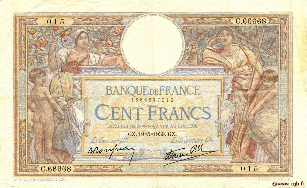 100 Francs LUC OLIVIER MERSON type modifié FRANCE  1939 F.25.47 VF