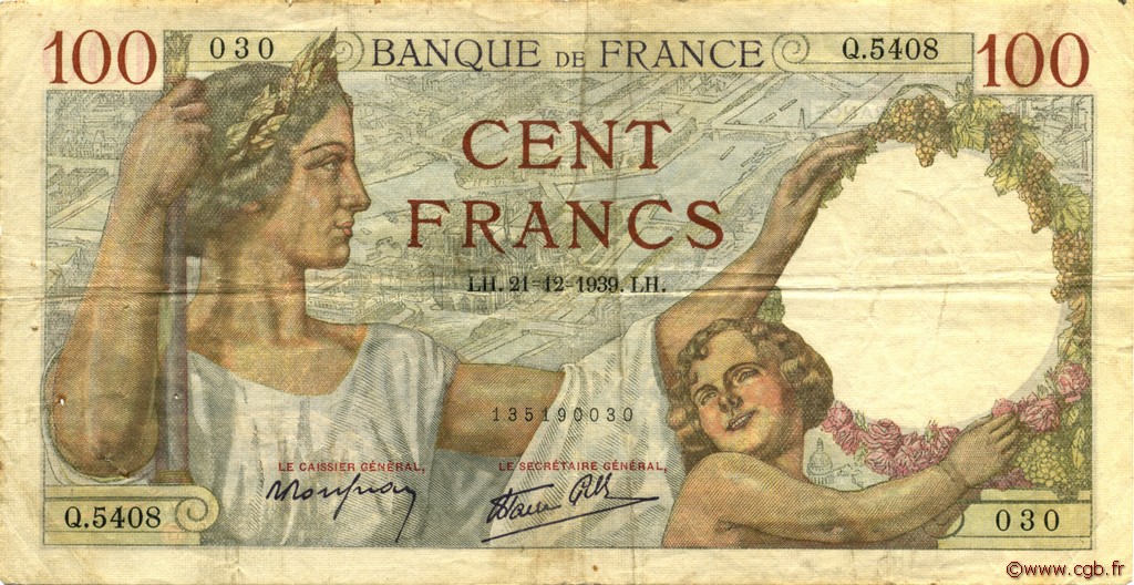 100 Francs SULLY FRANKREICH  1939 F.26.18 fSS